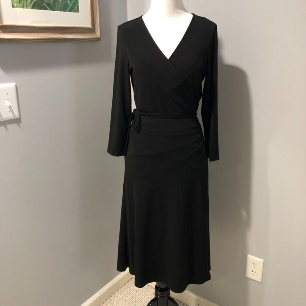 Max And Cleo Black 3/4 Sleeve Midi Length A-line Wrap Dress Size Medium